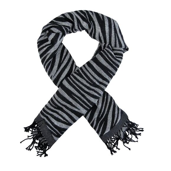 Black / White Zebra Stripe Scarf Shawl Fringed - Picture 1 of 3